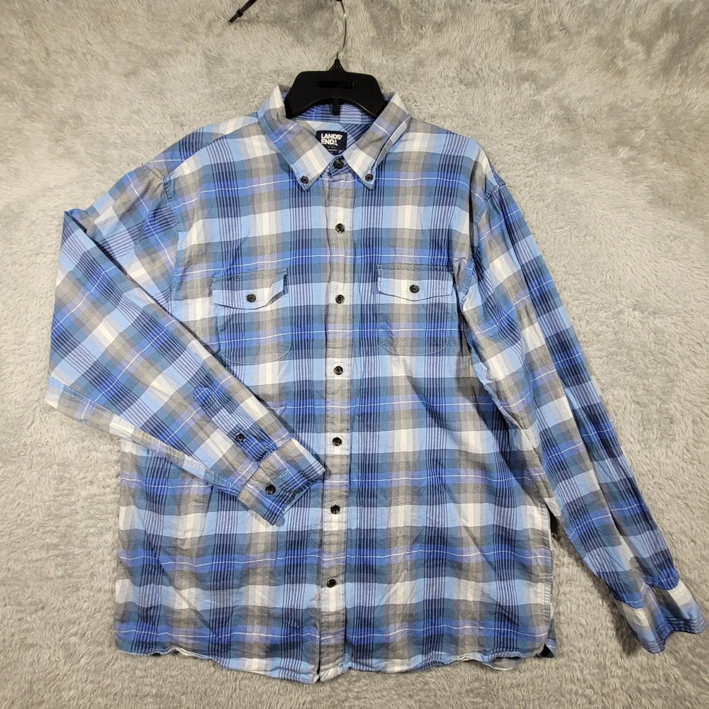 Lands End Flannel Shirt Mens XL Blue Plaid Traditional Fit Long Sleeve